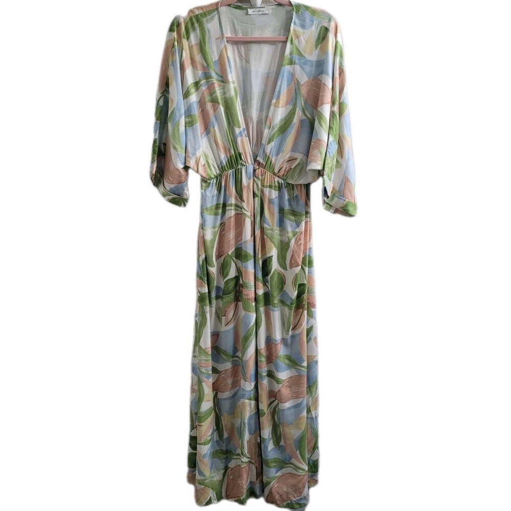 Girl & The Sun Floral Maxi Dress L Boho V Neck Empire Waist Free People Rayon